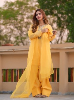 Designer Faux Georgette Heavy Embroidery Yellow Kurti With Farshi Pant And Dupatta