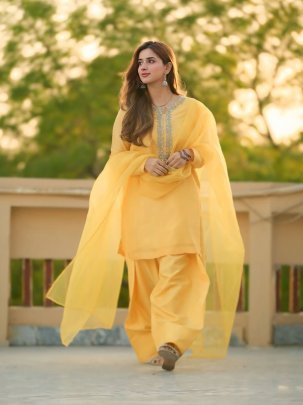 Designer Faux Georgette Heavy Embroidery Yellow Kurti With Farshi Pant And Dupatta