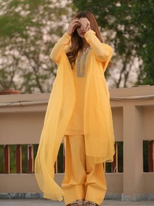 Designer Faux Georgette Heavy Embroidery Yellow Kurti With Farshi Pant And Dupatta