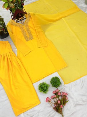 Designer Faux Georgette Heavy Embroidery Yellow Kurti With Farshi Pant And Dupatta