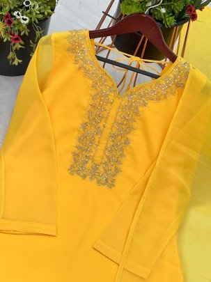 Designer Faux Georgette Heavy Embroidery Yellow Kurti With Farshi Pant And Dupatta