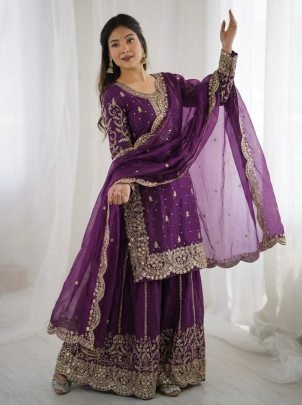 Designer Fendy Silk Embroidered Purple Suit Paired With Palazzo And Dupatta
