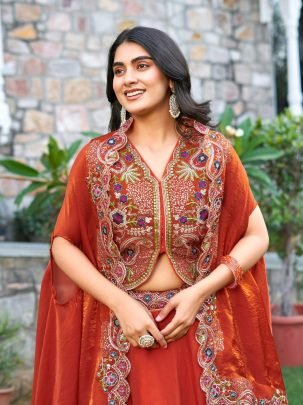 Designer Fendy Silk Embroidered Lehenga Choli With Shrug Style Dupatta