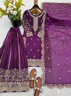Designer Fendy Silk Embroidered Purple Suit Paired With Palazzo And Dupatta