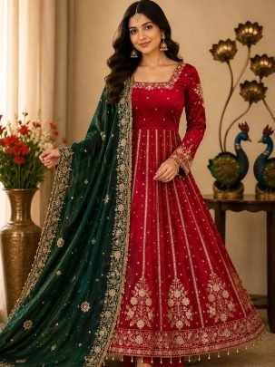 Designer Full Flair  Red  Colour Anarkali  Suit
