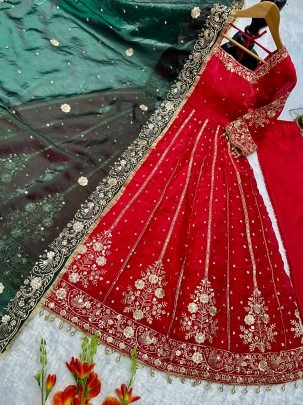 Designer Full Flair  Red  Colour Anarkali  Suit