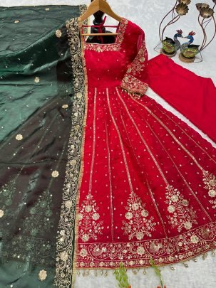 Designer Full Flair  Red  Colour Anarkali  Suit