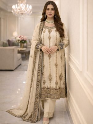 Designer Georgette Embroidered White Suit With Zari And Sequin Work