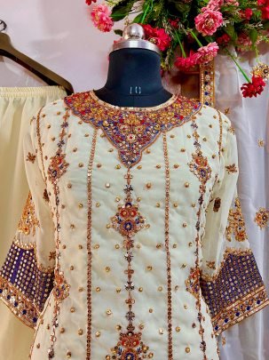 Designer Georgette Embroidered White Suit With Zari And Sequin Work