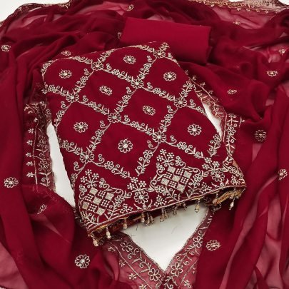 Designer Georgette Rani Pink Dress Material With Jari Work And Crape Bottom