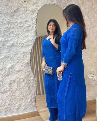 Designer Georgette Thread Embroidery Work Kurti With Palazzo