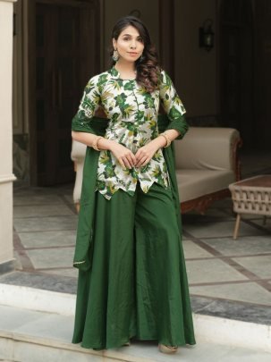 Designer Green Chinon Kurti With Plazzo And Dupatta
