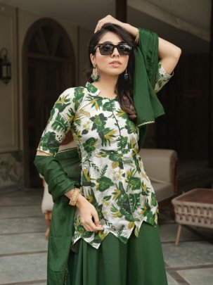Designer Green Chinon Kurti With Plazzo And Dupatta