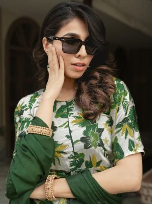 Designer Green Chinon Kurti With Plazzo And Dupatta