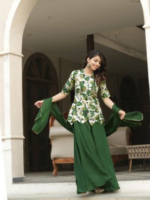 Designer Green Chinon Kurti With Plazzo And Dupatta