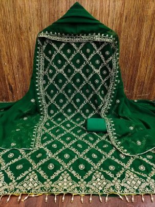 Designer Green Georgette Dress Material With Jari Work And Crape Bottom