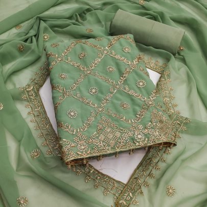Designer Green Georgette Dress Material With Jari Work And Crape Bottom