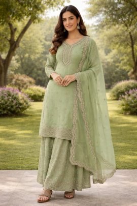 Designer Green Pure Gmy Silk Plazzo Suit With Sequence Coding Dori Work Dupatta
