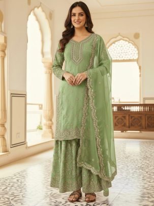 Designer Green Pure Gmy Silk Plazzo Suit With Sequence Coding Dori Work Dupatta