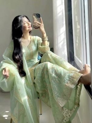 Designer Green Pure Gmy Silk Plazzo Suit With Sequence Coding Dori Work Dupatta