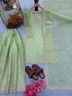 Designer Green Pure Gmy Silk Plazzo Suit With Sequence Coding Dori Work Dupatta