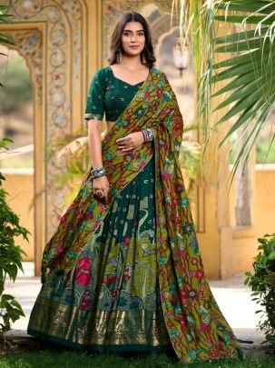 Designer Green Tasar Silk Kalamkari Print Lehenga With Foil Work Border