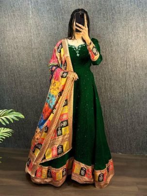 Designer Green Viscose Georgette Embroidered Gown With Chinon Dupatta