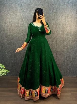 Designer Green Viscose Georgette Embroidered Gown With Chinon Dupatta