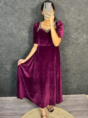 Designer Hand Work  Wine  Colour One Pices Dress