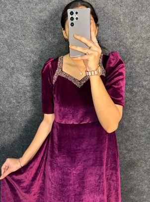 Designer Hand Work  Wine  Colour One Pices Dress