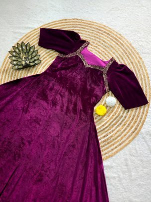 Designer Hand Work  Wine  Colour One Pices Dress
