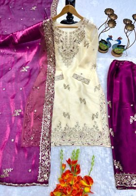Designer Heavy Silk Embroidered Cream Kurti Pant Set With Pink Dupatta