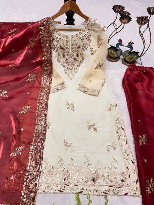 Designer Heavy Silk Embroidered Cream Kurti Pant Set With Red Dupatta