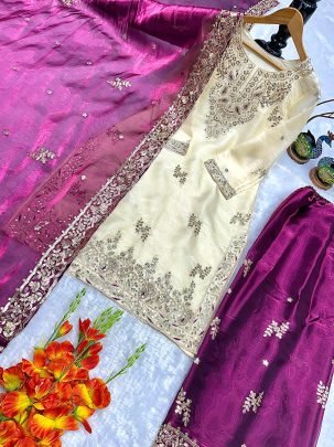 Designer Heavy Silk Embroidered Cream Kurti Pant Set With Pink Dupatta