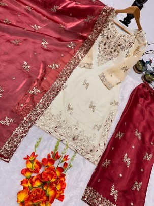 Designer Heavy Silk Embroidered Cream Kurti Pant Set With Red Dupatta