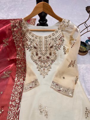 Designer Heavy Silk Embroidered Cream Kurti Pant Set With Red Dupatta
