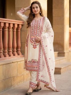 Designer Heavy White Palazzo Suit Set With Beautiful Red Embroidery Work 