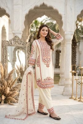 Designer Heavy White Palazzo Suit Set With Beautiful Red Embroidery Work