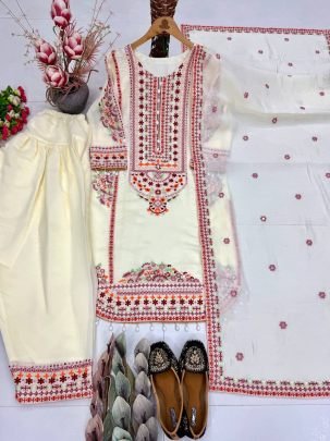 Designer Heavy White Palazzo Suit Set With Beautiful Red Embroidery Work