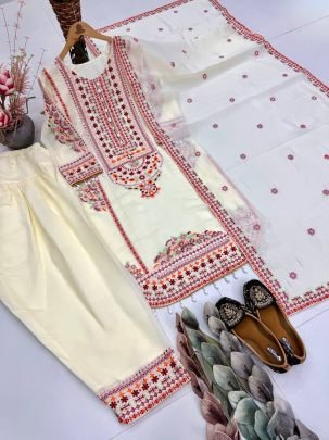 Designer Heavy White Palazzo Suit Set With Beautiful Red Embroidery Work