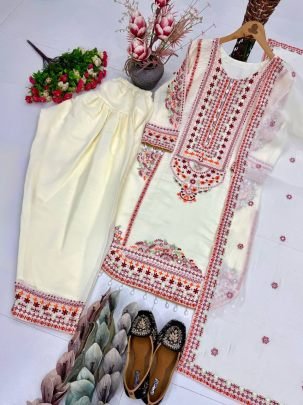 Designer Heavy White Palazzo Suit Set With Beautiful Red Embroidery Work