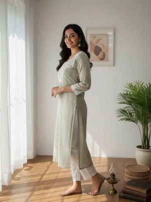 Designer Khadi Cotton Butti Embroidered Kurti