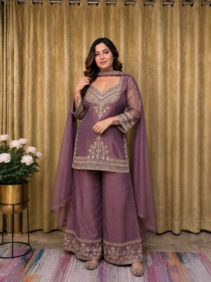 Designer Lavender Embroidered Palazzo Suit Set