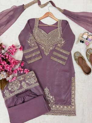 Designer Lavender Embroidered Palazzo Suit Set