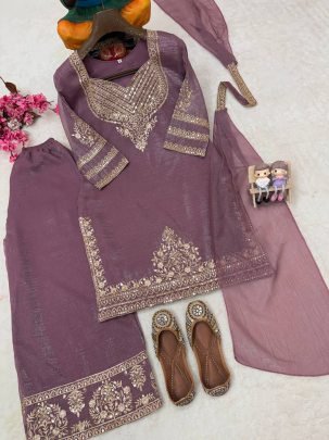 Designer Lavender Embroidered Palazzo Suit Set