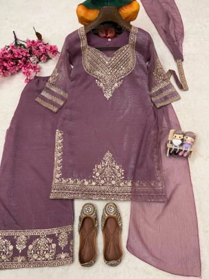 Designer Lavender Embroidered Palazzo Suit Set