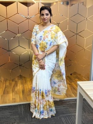 Designer Linen Fabric Digital Print Work Saree Paired With Bangaloiry Satin Blouse