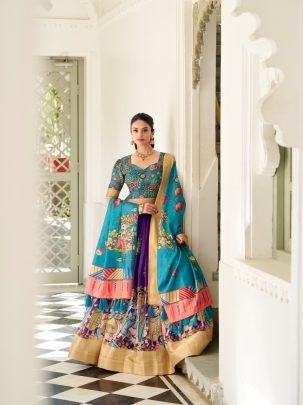 Designer Multicolor Dola Silk Kalamkari Print Lehenga With Printed Turquoise Dupatta And Blouse