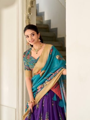Designer Multicolor Dola Silk Kalamkari Print Lehenga With Printed Turquoise Dupatta And Blouse