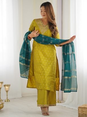 Designer Mustard Jacquard Suit With Silk Blend Pant And Dupatta